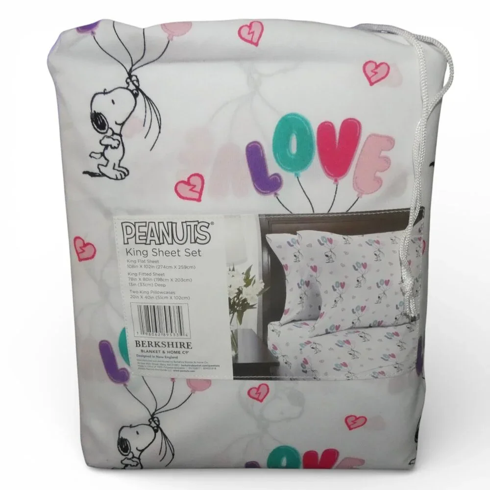 Snoopy Peanuts King Sheet Set Love Balloons 4 Pc Bedding NWT - Picture 2 of 2
